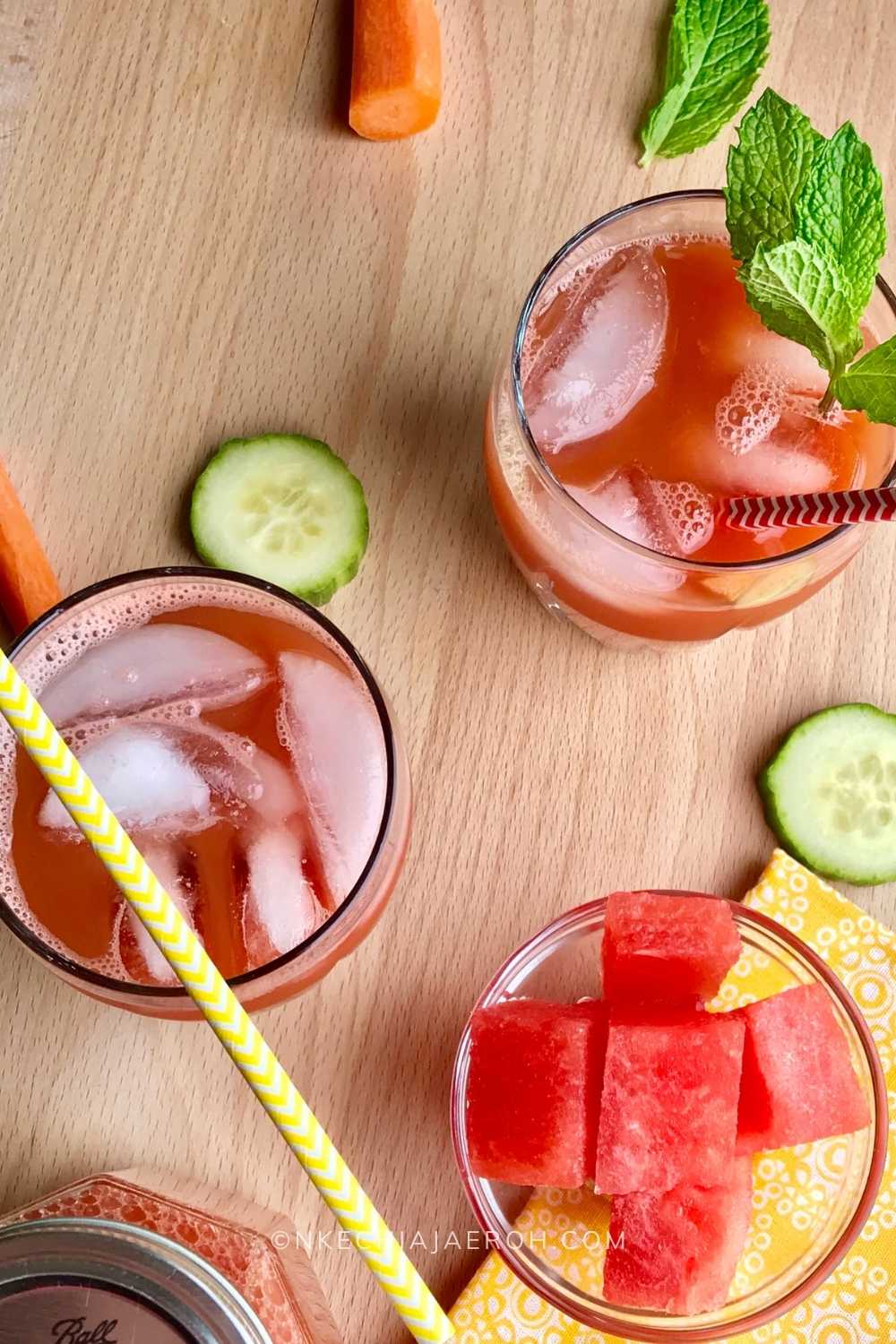 This Minty watermelon carrot drink is fresh, nutritious and easy to make! This is a summer delight you don't need you need! The freshness of mint makes this drink all worth it! #Carrot #watermelon #Healthyjuice #juice #cucumber