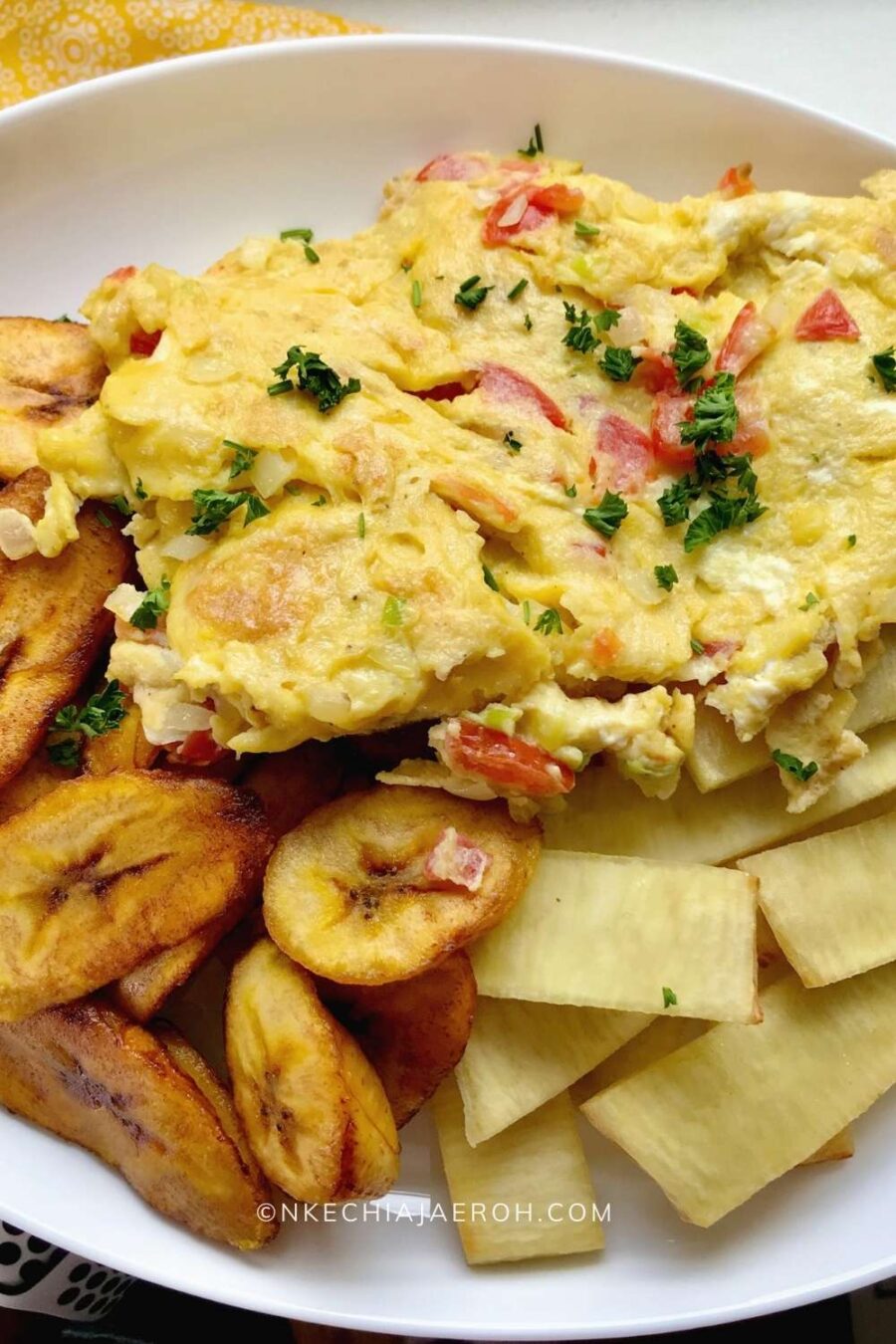 Nigerian Breakfast of Fried Yam, Plantain And Eggs - Nkechi Ajaeroh