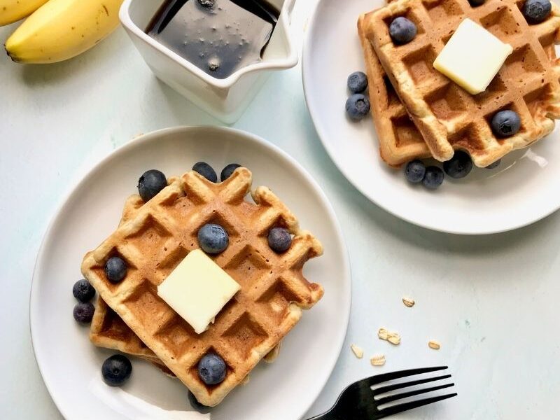 These healthy waffles are gluten-free, nut-free, fluffy, and the sweetest gluten-free waffles you will ever make! If you have some overripe bananas and old-fashioned oats, let's make some sweet banana oatmeal waffles. If you like bananas and oats separately, you would like even these banana oat waffles the more! These waffles are gluten-free and freezer-friendly. #waffles #bananawaffles #glutenfreewaffles #healthywaffles #freezermeals #oatmealwaffles