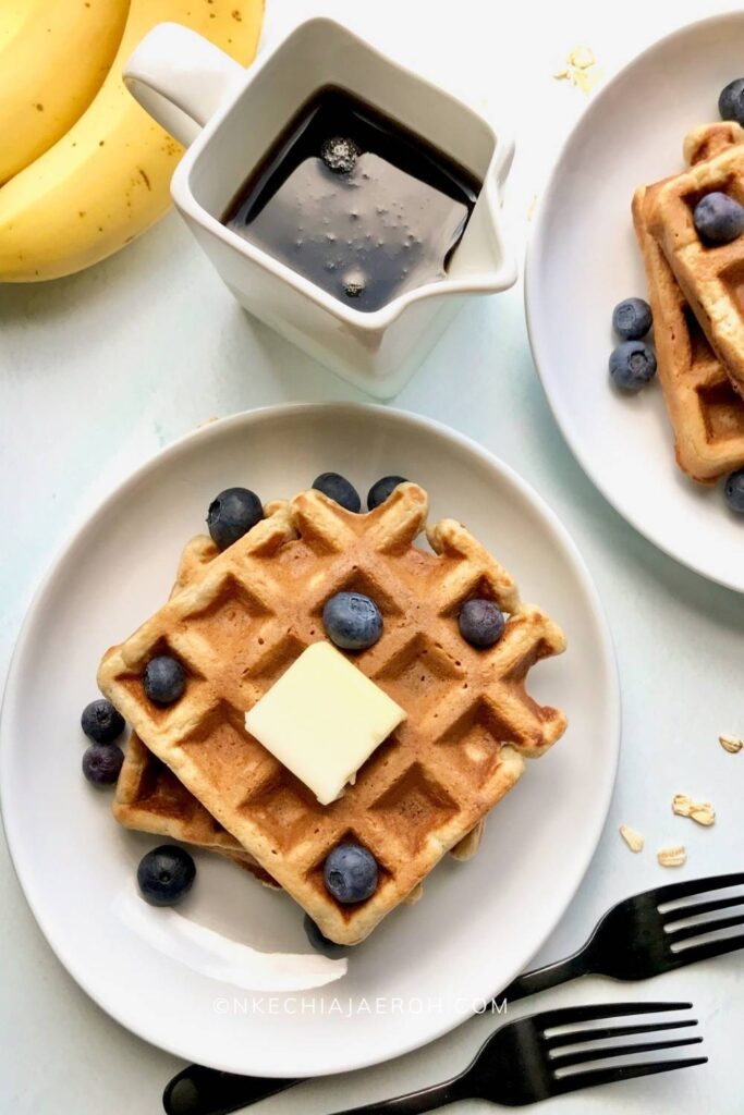 Gluten-free Banana Oat Waffles are super easy to make and insanely delicious. These healthy waffles are gluten-free, nut-free, fluffy, and the sweetest gluten-free waffles you will ever make! Get some overripe bananas, old-fashioned oats, eggs, milk, butter, and baking powder, and make the sweet banana oatmeal waffles.
