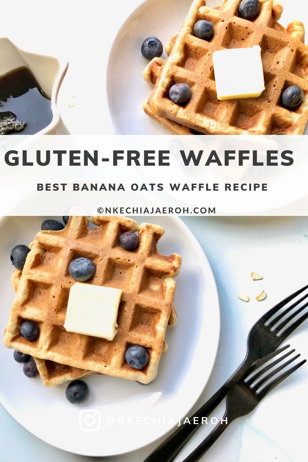 These healthy banana oat waffles are gluten-free, nut-free, fluffy, and the sweetest gluten-free waffles you will ever make! If you have some overripe bananas and old-fashioned oats, let's make some sweet banana oatmeal waffles. If you like bananas and oats separately, you would like even these banana oat waffles the more! These waffles are gluten-free and freezer-friendly.  #waffles #bananawaffles #glutenfreewaffles #healthywaffles #freezermeals #oatmealwaffles