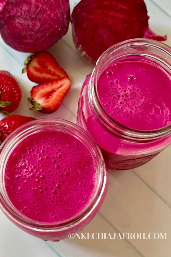 Easy peasy beet strawberry smoothie is healthy, wholesome, refreshing, beautiful with a pinky-purple color, and satisfyingly delicious! This healthy smoothie recipe requires only 5 ingredients! Fresh beet (beetroot), strawberries, yogurt, banana, and orange juice. If you have never tried a beet and strawberry combo before, you are indeed in for a treat! The earthiness of beetroot is perfect with the sweetness of strawberries.