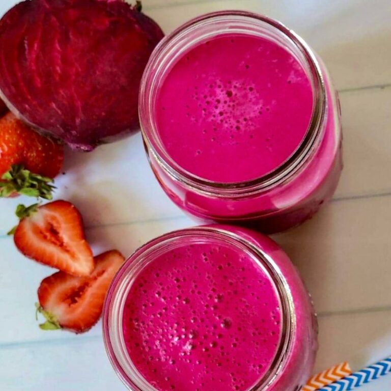 Easy peasy beet strawberry smoothie is healthy, wholesome, refreshing, beautiful with a pinky-purple color, and satisfyingly delicious! This healthy smoothie recipe requires only 5 ingredients! Fresh beet (beetroot), strawberries, yogurt, banana, and orange juice.