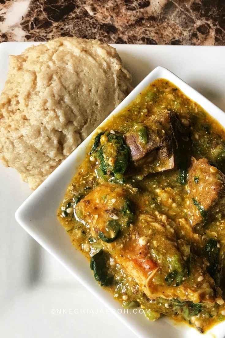 Nigerian okra draw soup and oat fufu swallow 