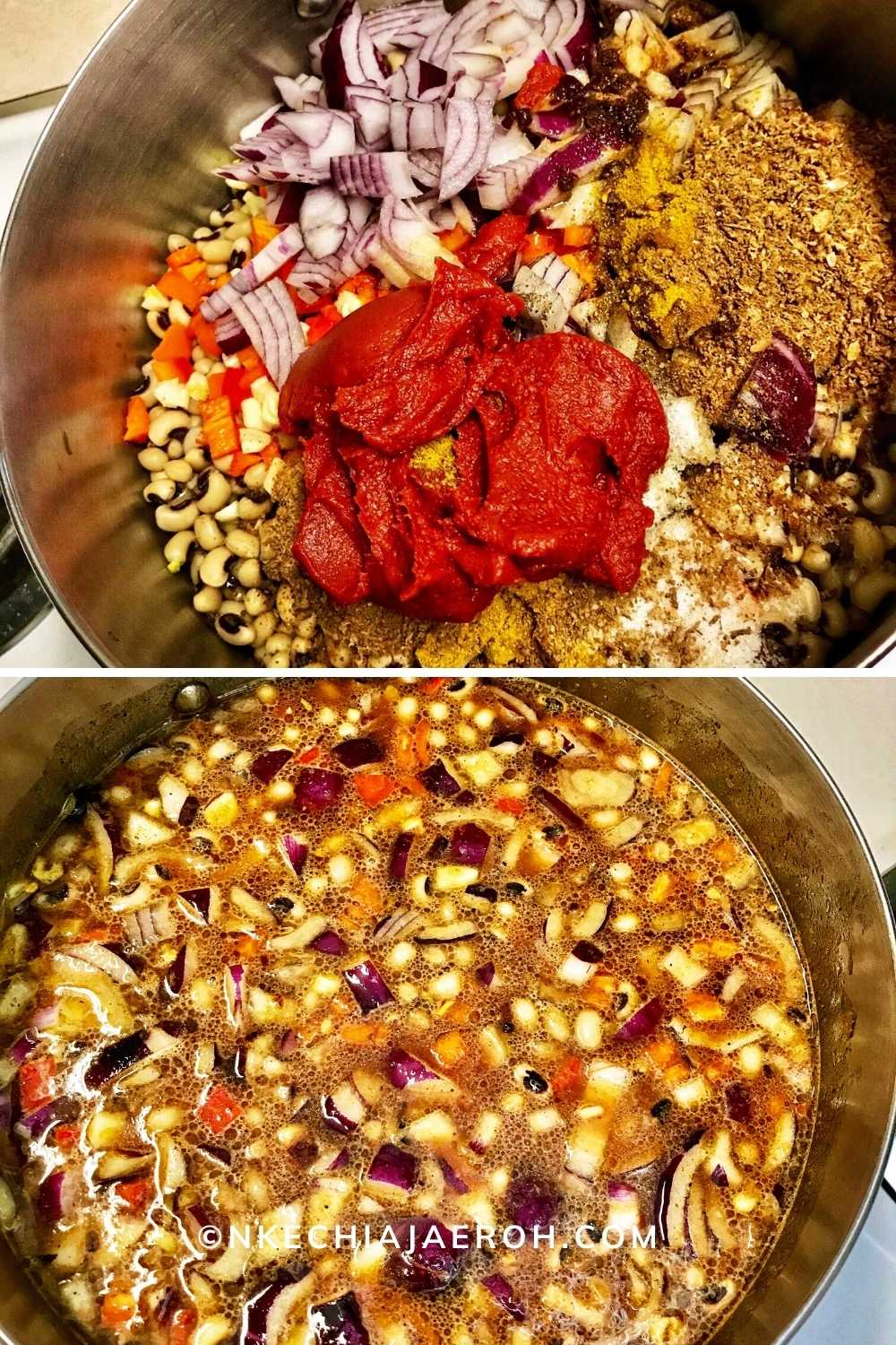 Process photo of the Nigerian beans pottage recipe. I show you how to easily cook beans - Ewa tiro. Dump in your already washed beans, and all ingredients into your pot, cover to cook and continue with your busy life, well, just make sure you keep your lovely eyes on the beans.