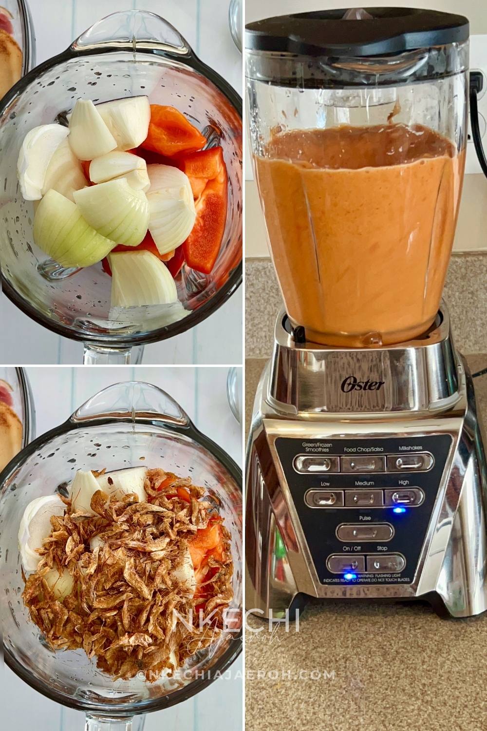 Wash, Cut, and Blend the Vegetables. Wash and cut the bell pepper(s) and onion(s) and add them to your blender. Also, wash the scotch bonnet peppers and add to the blender. Finally, add the dry crawfish to the blender, add water, and blend until smooth.