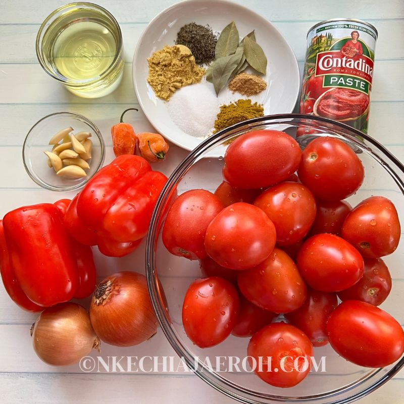 Fresh tomatoes, bell peppers, garlic, onions, tomato paste, habanero, vegetable oil, herbs and spices