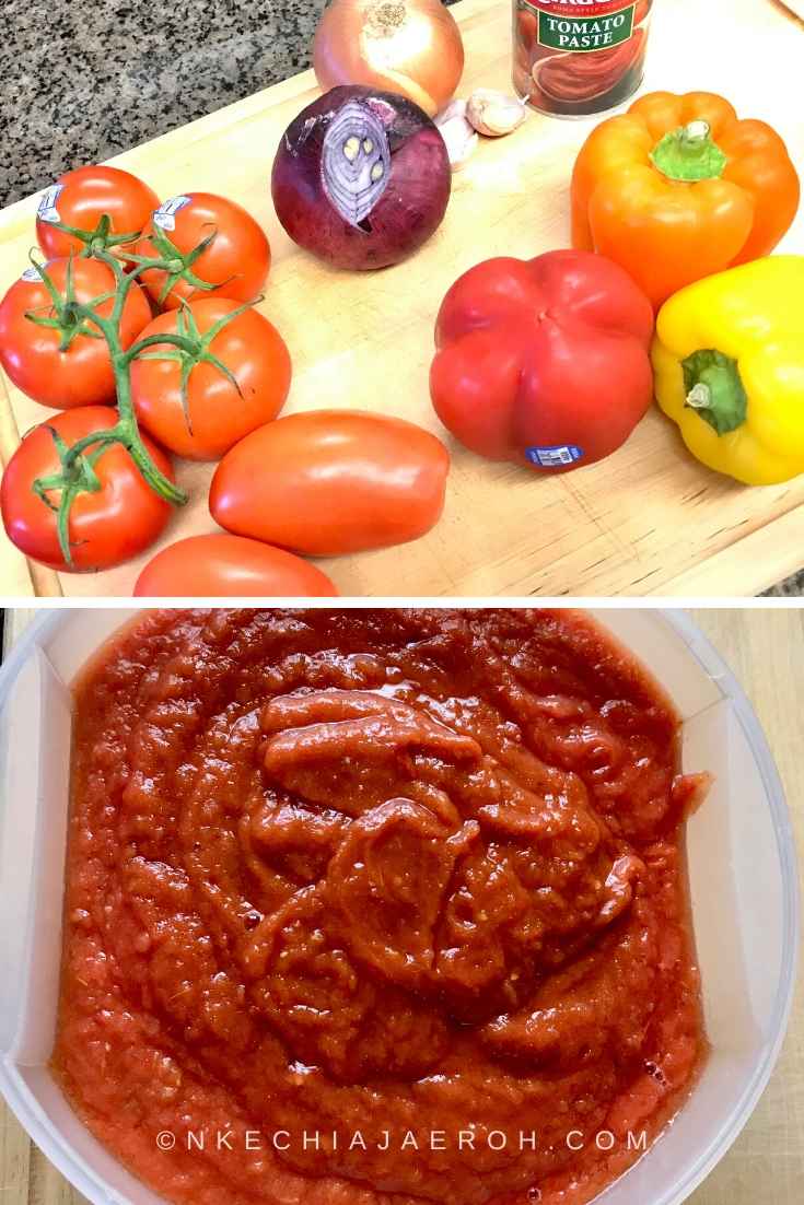 Fresh tomatoes, onions, and peppers for making Nigerian stew. Then frozen, and blended to make very thick tomato paste.
