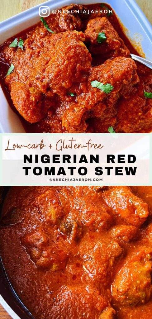 Nigerian red tomato stew is a savory sauce made with fresh tomatoes, onions, bell peppers, herbs, and spices. Nigerian stew, also known as African, is a famous dish with its distinct red color. You can serve Nigerian tomato stew with white rice or beans. This homemade Naija sauce is a savory, spicy, flavorful, tasty red sauce you can put on anything, especially white rice! You can also add some to egusi soup or okra soup! #Nigerianstew #Africanstew #Riceandstew