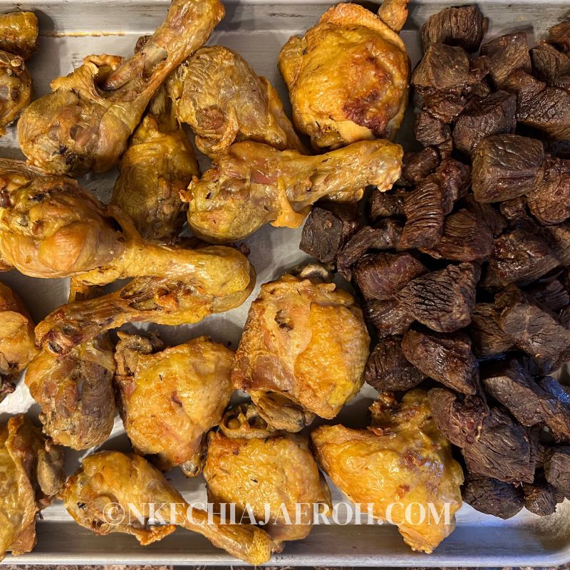 Air fried chicken and beef for Nigerian stew