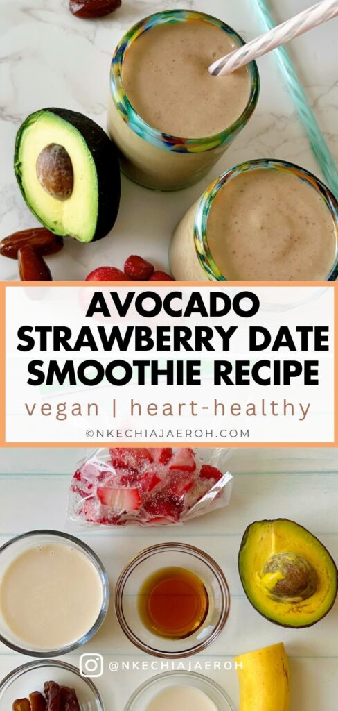 Creamy, nutritious, and delicious avocado strawberry date smoothie recipe combines fresh avocado, frozen strawberries, fresh pitted dates, almond milk, banana, and maple syrup. These vegan, gluten-free, natural ingredients make an excellent, nourishing smoothie! The creaminess of avocado and banana, combined with the sweetness of medjol dates and maple syrup, takes this smoothie to the next level. You won't taste the avocado at all. Do not be deceived by the color of this smoothie; it's refreshingly delicious! The best part is that this avocado strawberry smoothie is super easy-peasy to make!