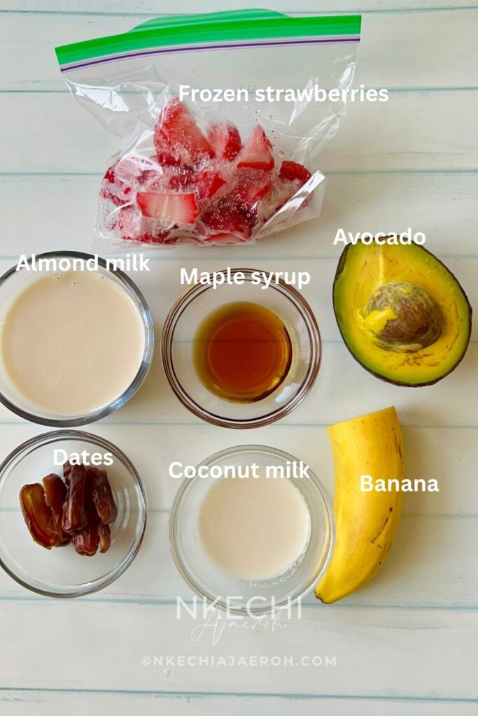 Creamy, nutritious, and delicious avocado strawberry date smoothie recipe combines fresh avocado, frozen strawberries, fresh pitted dates, almond milk, banana, and maple syrup. These vegan, gluten-free, natural ingredients make an excellent, nourishing smoothie! The creaminess of avocado and banana, combined with the sweetness of medjol dates and maple syrup, takes this smoothie to the next level. You won't taste the avocado at all. Do not be deceived by the color of this smoothie; it's refreshingly delicious! The best part is that this avocado strawberry smoothie is super easy-peasy to make! Add your ingredients to the blender, and it's ready in a few minutes.