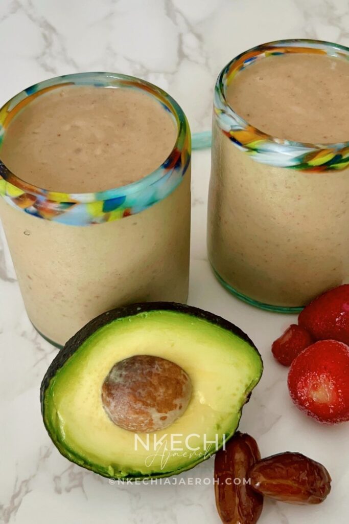 Creamy, nutritious, and delicious avocado strawberry date smoothie recipe combines fresh avocado, frozen strawberries, fresh pitted dates, almond milk, banana, and maple syrup. These vegan, gluten-free, natural ingredients make an excellent, nourishing smoothie! The creaminess of avocado and banana, combined with the sweetness of medjol dates and maple syrup, takes this smoothie to the next level. You won't taste the avocado at all. Do not be deceived by the color of this smoothie; it's refreshingly delicious! The best part is that this avocado strawberry smoothie is super easy-peasy to make! Add your ingredients to the blender, and it's ready in a few minutes.