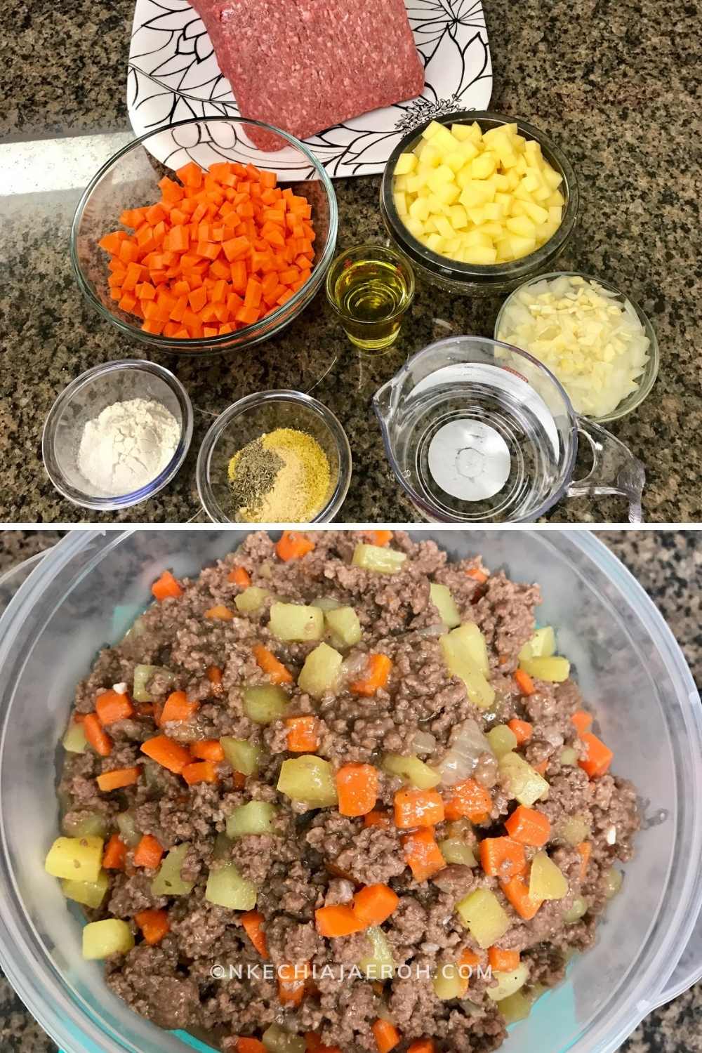 Ingredients for making the filling of authentic Nigerian Meat Pie recipe include ground meat or mined meat (usually red meat or beef). Then carrots, potatoes, onions, salt, pepper, seasoning cube, thyme, and curry.