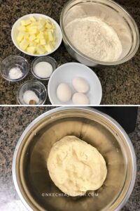 Nigerian meat pie dough ingredients - eggs, butter, flour, nutmeg, salt, and baking powder