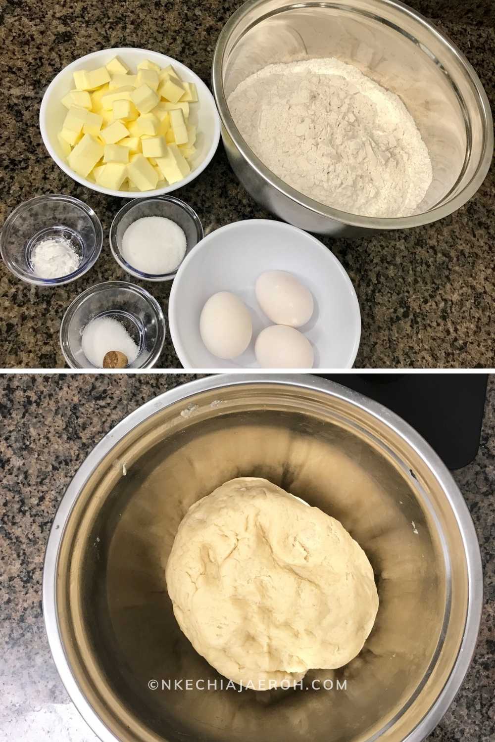 Ingrédients de la pâte à tarte à la viande nigériane - œufs, beurre, farine, muscade, sel et levure chimique