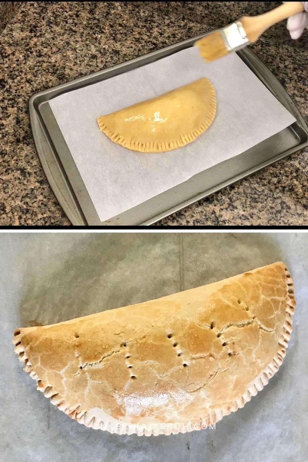 sempre essencial para escovar o ovo antes da cozedura. Além disso, use um garfo e indente a torta para permitir que o ar evapore quando a torta está cozendo.é importante esmaltar o bolo antes da cozedura. Além disso, use garfo para fazer aberturas para permitir que o ar evapore durante a cozedura/cozimento.