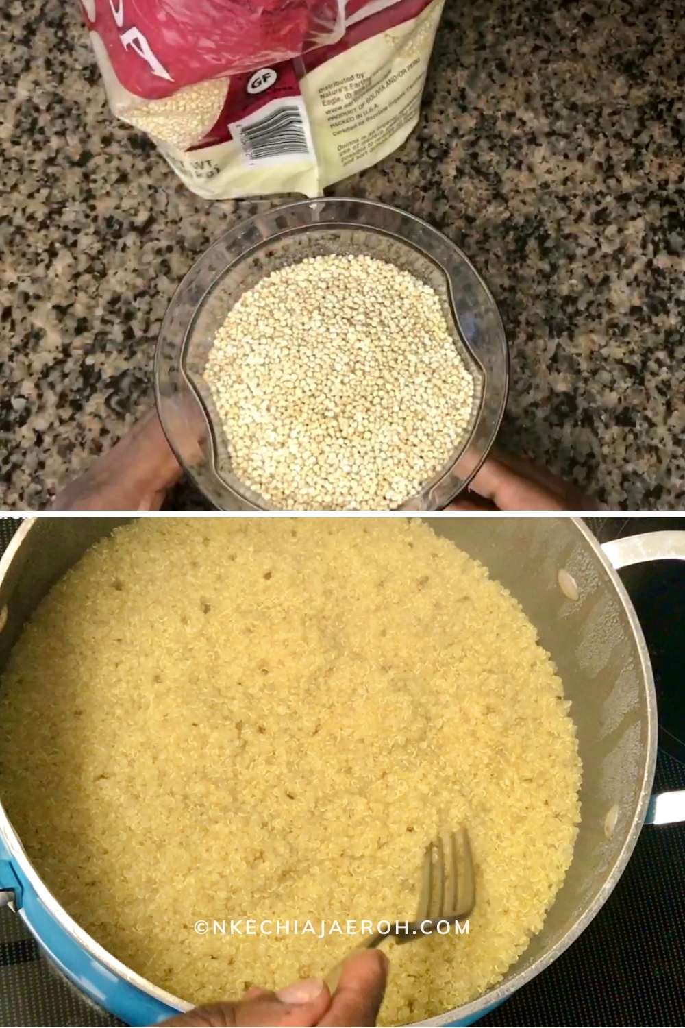 How to cook quinoa: Add 1½ cups of chicken broth to the pan and set the stove on medium. Bring to a boil, then add washed quinoa and 2-3 bare leaves, cover, and cook for 15 minutes. Turn off the stove and allow the quinoa pan to sit/rest covered for another 5 minutes. Use for any recipe such as this one.