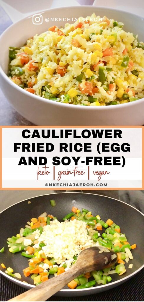 Healthy and delicious Cauliflower fried rice is an easy, low-carb, and keto-friendly version of the famous fried rice recipe! Grab a fresh cauliflower head and shred it using your hand-held shredder or processor. Alternatively, you can buy shredded cauliflower and make this recipe! All you will need for this healthy cauliflower fried rice recipe is shredded cauliflower and vegetables! This healthy dish comes together in less than 20 minutes! And you can serve it with any main dish of choice! This cauliflower fried rice recipe is gluten-free, dairy-free, egg-free, soy-free, and vegan!