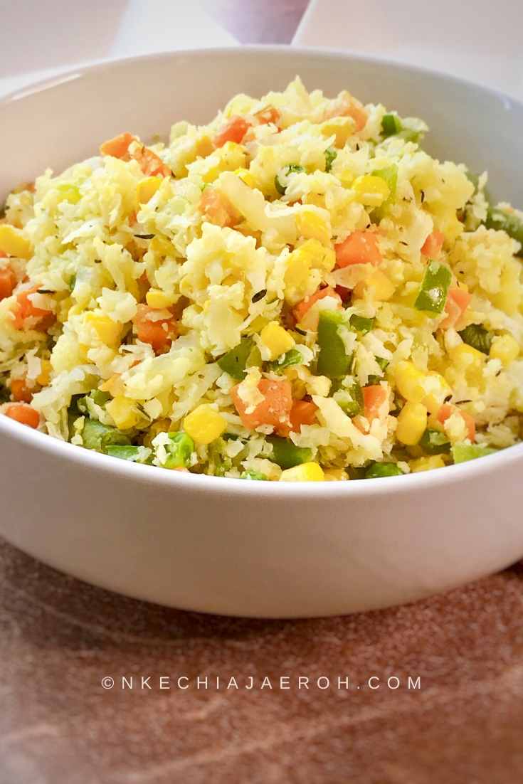 Healthy and delicious Cauliflower fried rice with peas, Carrots , and fresh corn.