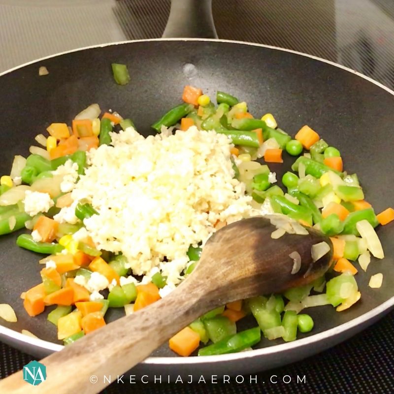 Making Cauliflower fried rice is as easy as ABC. Add your fav veggies, Voila, you are done!