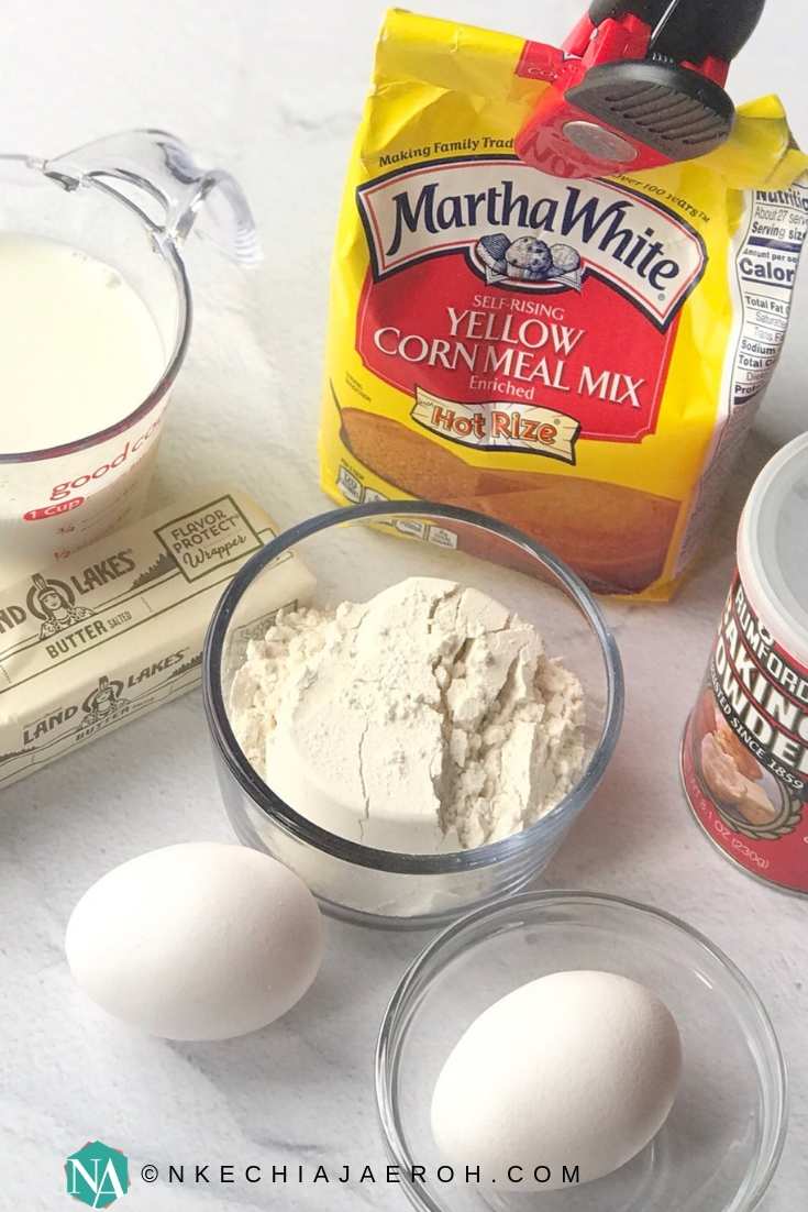 The ingredients for making the ultimate healthy cornbread recipe. The ingredients include eggs, flour, cornmeal, milk, butter, and baking powder 