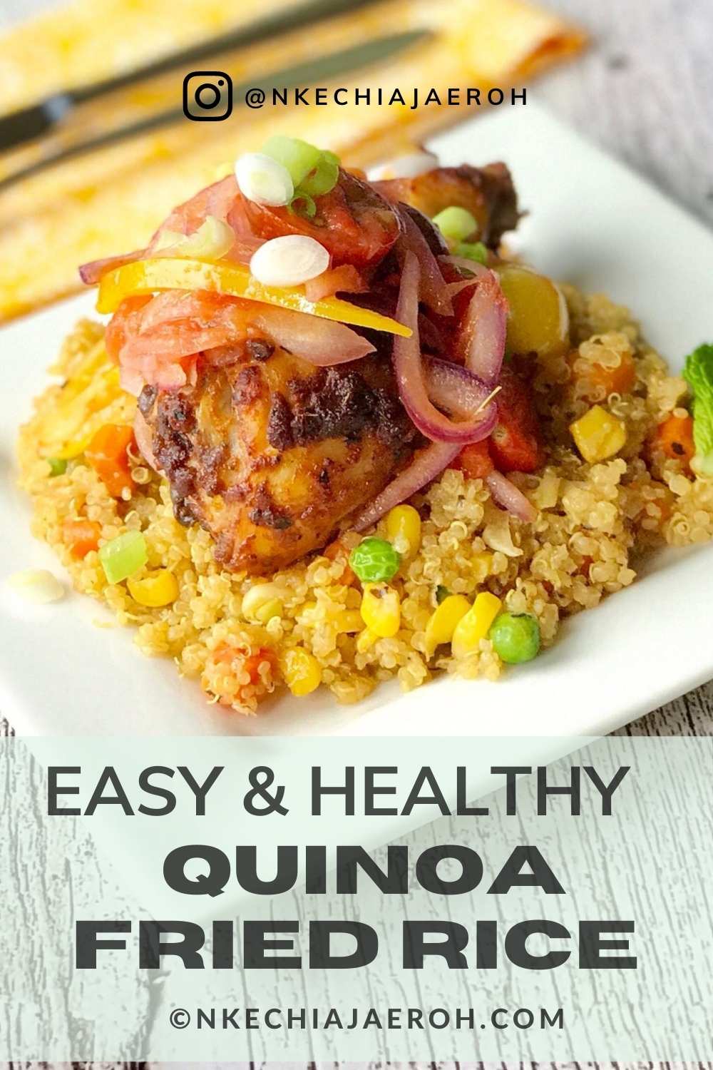 This healthy and easy quinoa fried rice is a perfect weekday lunch or dinner to behold. Made with cooked quinoa, mixed vegetables, and served with a chicken drumstick! You can easily make this dish vegan by substituting the chicken for tofu. This super easy and healthy quinoa dish cooks in less than 20 minutes. A low-calorie hearty lunch or dinner that everyone would love! #quinoarecipe #quinoa #quinoabowl #vegetable #quinoa #friedrice