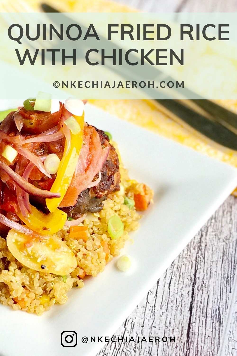 This healthy and easy quinoa fried rice is a perfect weekday lunch or dinner to behold. Made with cooked quinoa, mixed vegetables, and served with a chicken drumstick! You can easily make this dish vegan by substituting the chicken for tofu. This super easy and healthy quinoa dish cooks in less than 20 minutes. A low-calorie hearty lunch or dinner that everyone would love! #quinoarecipe #quinoa #quinoabowl #vegetable #quinoa #friedrice