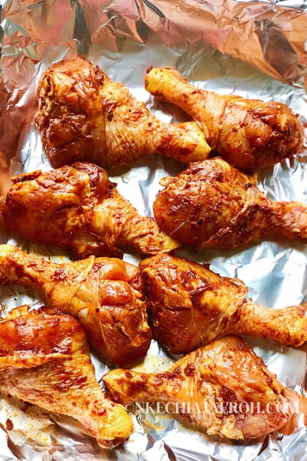 Place the marinated chicken drumsticks on a (foil-lined) baking sheet and place them in a 425 degrees already preheated oven. Bake drumsticks for 35 – 45 minutes (or until the drumsticks are cooked through or the internal thermometer reads 165, set aside to cool.)