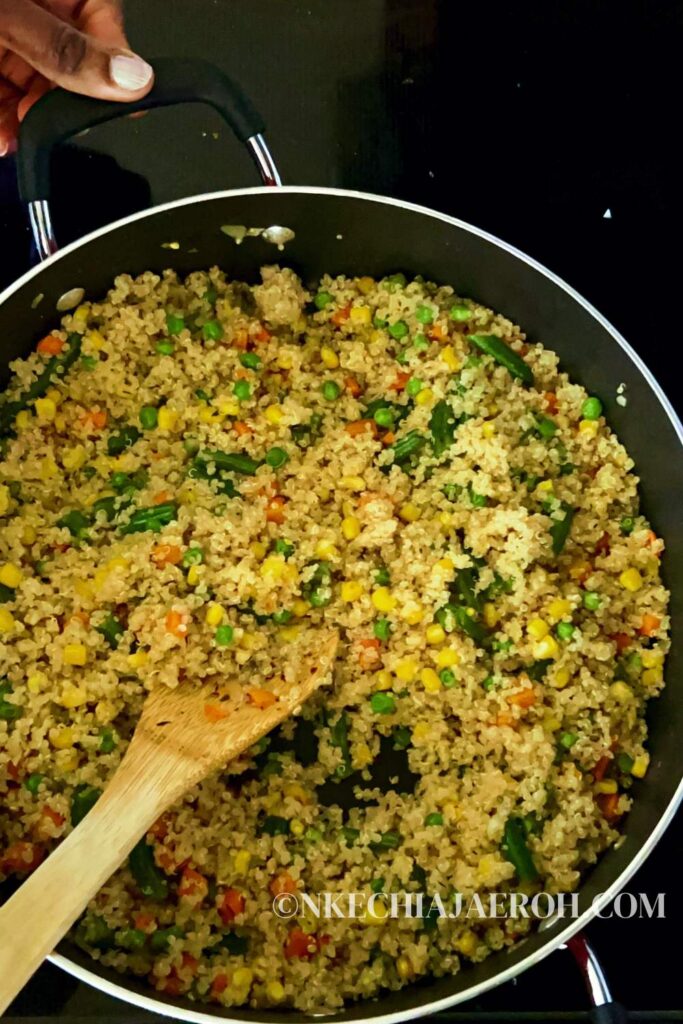 Quinoa is an ideal substitute for rice and is even easier to cook and healthier than rice! This healthy, easy to make quinoa fried rice is a perfect, easily vegan side dish everyone will enjoy. To make this healthy fried rice with raw quinoa, mixed vegetables, Olive oil, broth, salt, and pepper. Quinoa fried rice is great for weekday/weekend lunch or dinner and also excellent for any occasion, such as holidays, Christmas, Easter, Thanksgiving, or Sunday dinner.