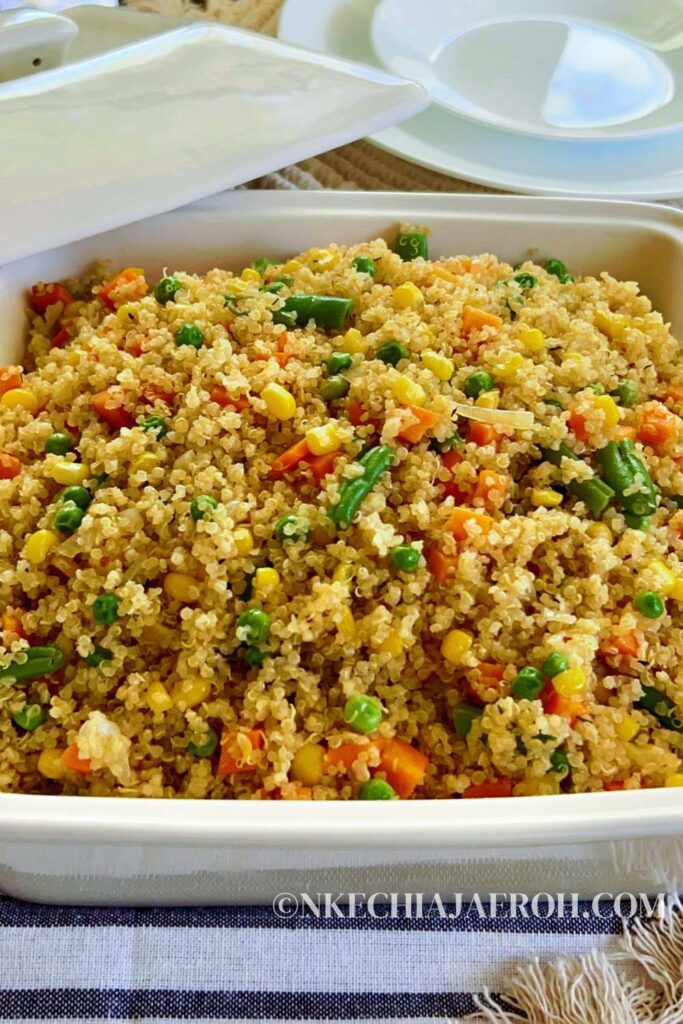 Quinoa is an ideal substitute for rice and is even easier to cook and healthier than rice! This healthy, easy to make quinoa fried rice is a perfect, easily vegan side dish everyone will enjoy. To make this healthy fried rice with raw quinoa, mixed vegetables, Olive oil, broth, salt, and pepper. Quinoa fried rice is great for weekday/weekend lunch or dinner and also excellent for any occasion, such as holidays, Christmas, Easter, Thanksgiving, or Sunday dinner.