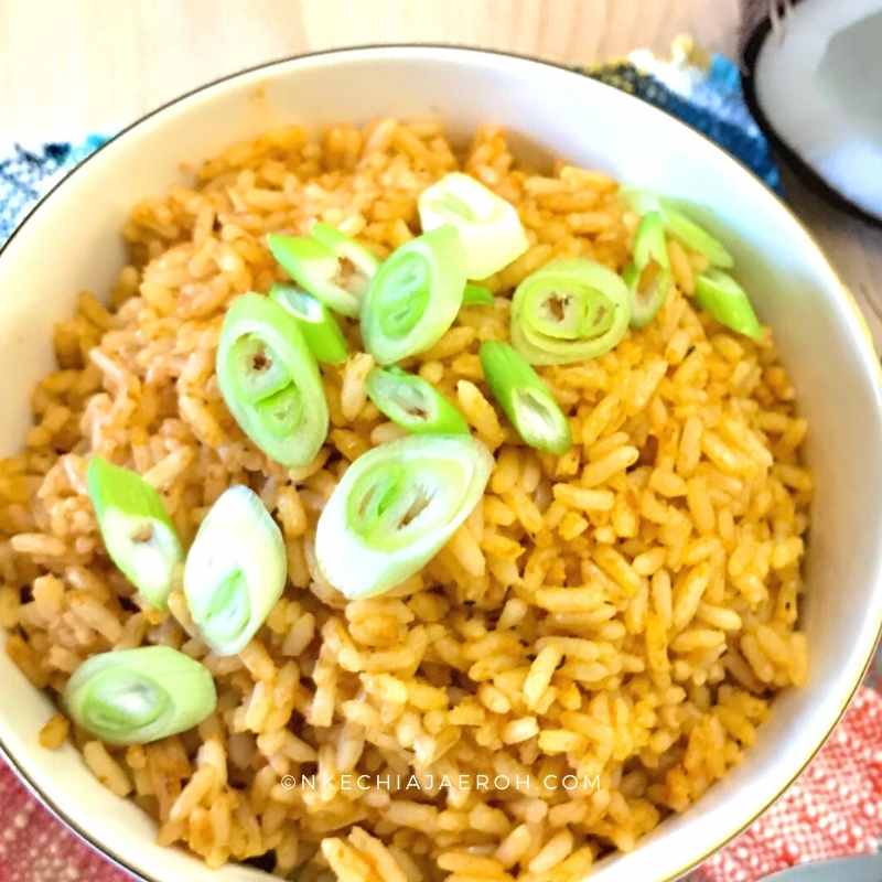 I used long grain rice here, you can also use basmati or short grain. Then I also made my coconut milk from scratch. Rice cooks in coconut, and tomato sauce and boom, done! This dish sis so flavorful, you have to try it!