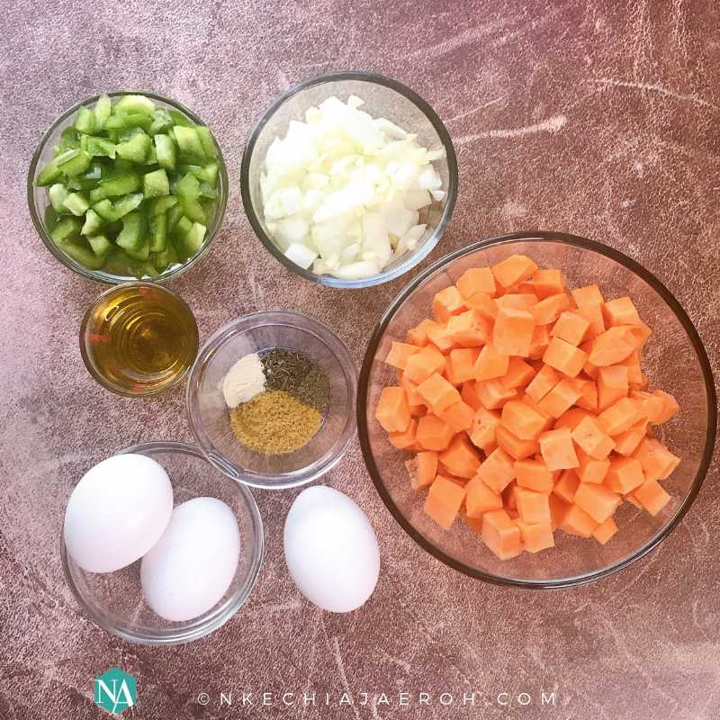 Ingredients for making Healthy Sweet potato Hash