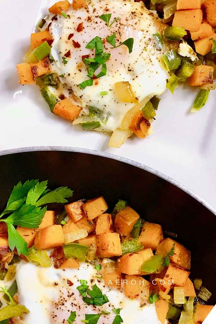 Healthy Sweet potato Hash with eggs., ready on the plate.