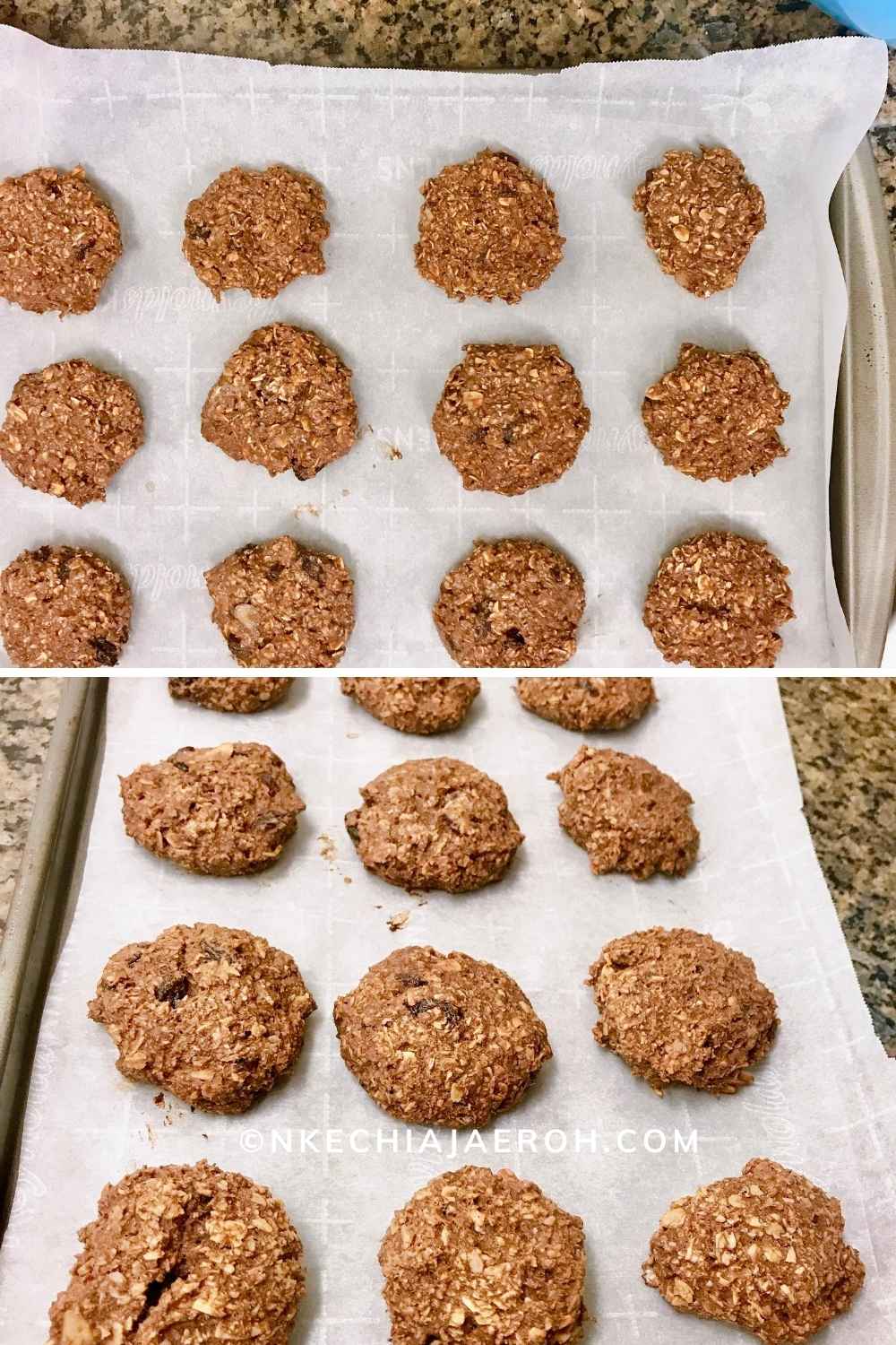 These healthy vegan almond oats cacao cookie is just the perfect breakfast cookies you have been looking for. The is the before and after the oven process photo. Honestly, you may not see the difference, but you will surely taste the difference.