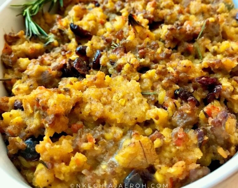 Easy and healthy paleo stuffing with plantains and sausage is sweet, savory, flavorful and insanely delicious! This stuffing is gluten-free, dairy-free, grain-free and whole30 complaint! The sweetness of the sweet ripe plantains combined with the savory sausage, coconut milk, bell peppers, herbs, and spices is insanely delicious! This stuffing is moist, flavorful, tasty, kid-friendly, and a crowd-pleaser! This healthy paleo stuffing is perfect for Thanksgiving, Christmas, Easter, Sunday roast, or any time you wish, etc. Pair this paleo stuffing with some juicy turkey, turkey breast, or this leg of lamb! #Paelostuffing #stuffing #Thanksgivingstuffing #healthystuffing