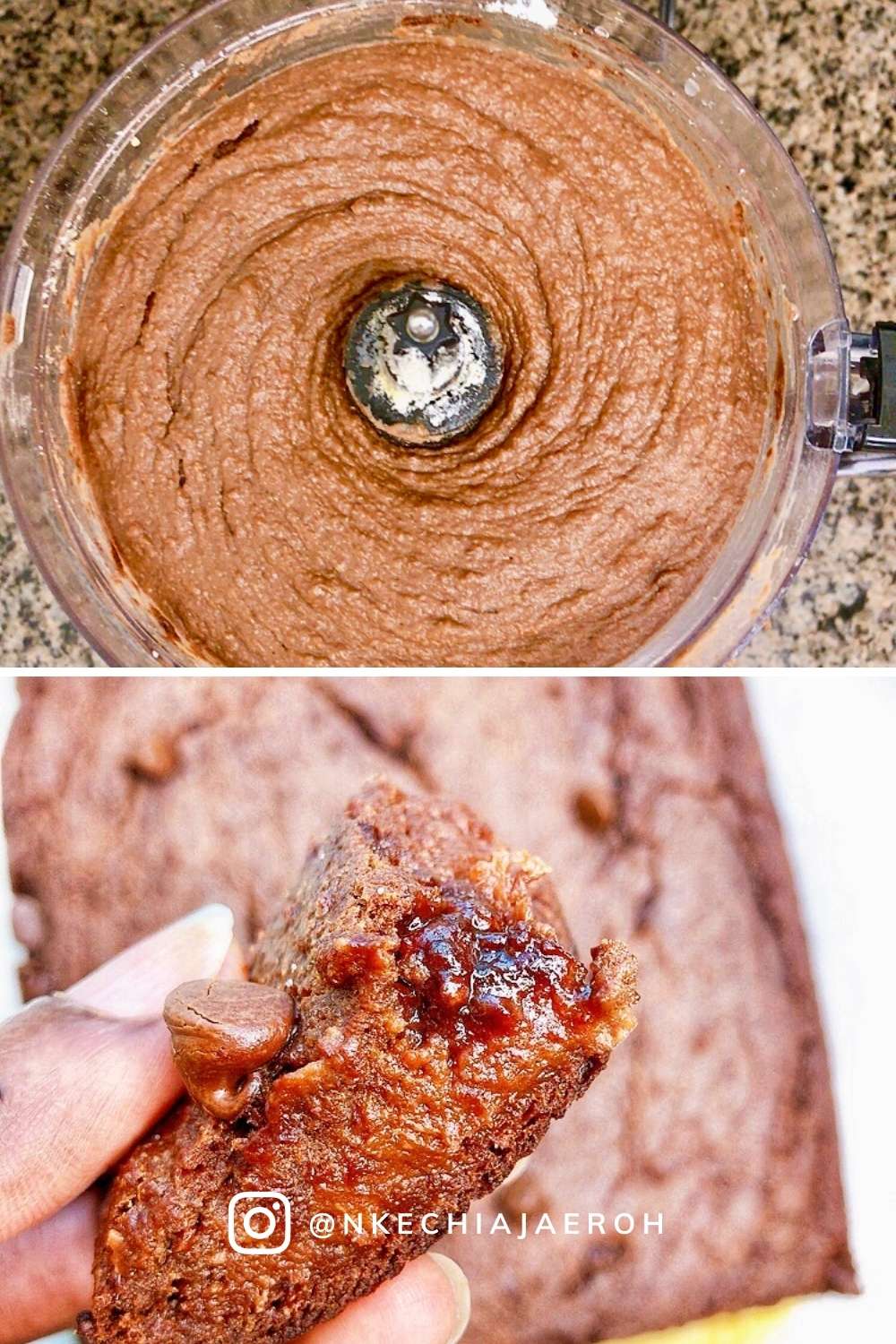 Two process photos in one showing plantain brownie dough as well as a slice of the freshly baked plantain brownie just out of the oven. 