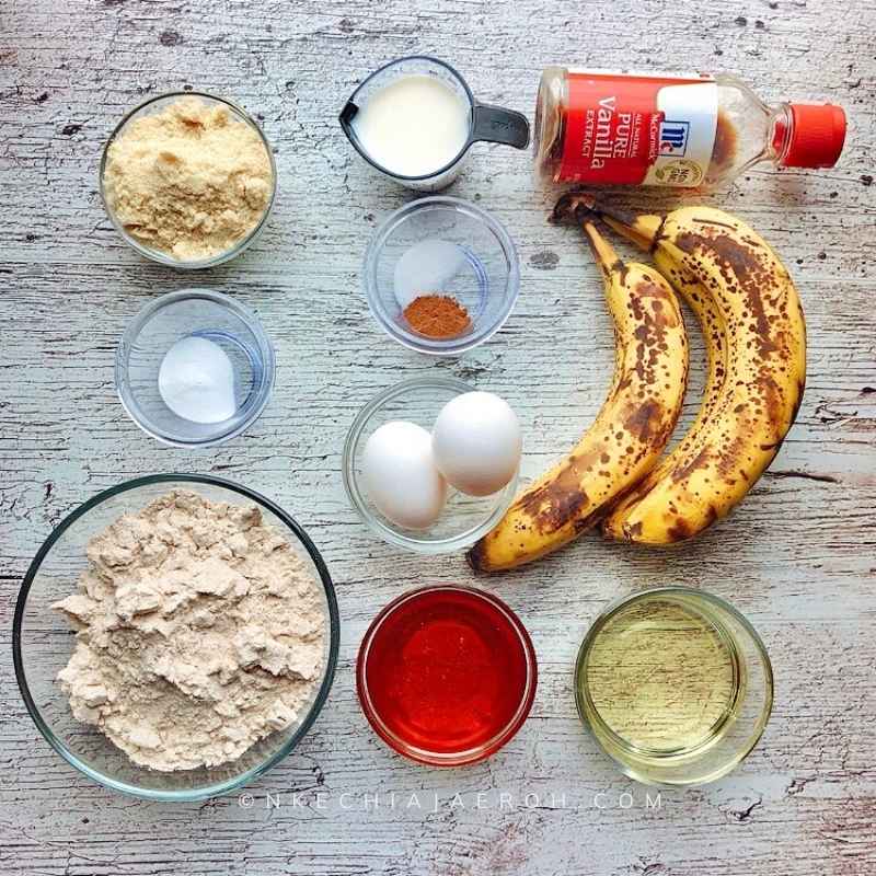 The ingredients for this banana bread includes overripe bananas, almond flour, whole wheat, and honey. Also eggs, and milk.