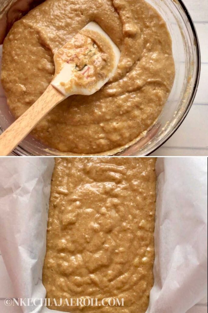 Add the dry ingredients into the wet ingredients; use a spatula to combine gently. This doesn't have to be smooth or completely without lumps. And do not over mix it. Pour this mixture into the greased and parchment-lined baking sheet.