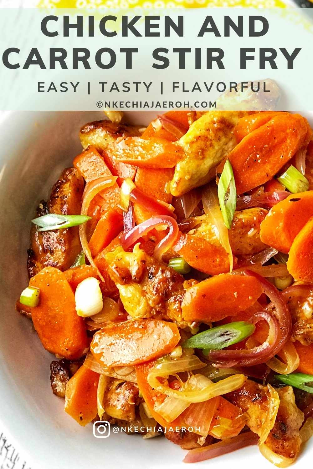 Delicious and nutritious chicken and carrot stir-fry made with chicken breast, sliced carrots, onions, fragrant herbs, and sautéed in olive oil. Serve this over rice or anything you wish. This easy chicken recipe is always a perfect weekday lunch or dinner! This recipe is kid-friendly and takes less than 30 minutes to cook! Chicken stir fry | Stir fry recipe | Healthy chicken recipe | Chicken and broccoli | Easy chicken recipe #stirfry #chickendinner #Chickenstirfry #healthystirfry #asianfood #healthyrecipe #Kechiskitchen #NkechiAjaeroh #lowcarbchickenstirfry