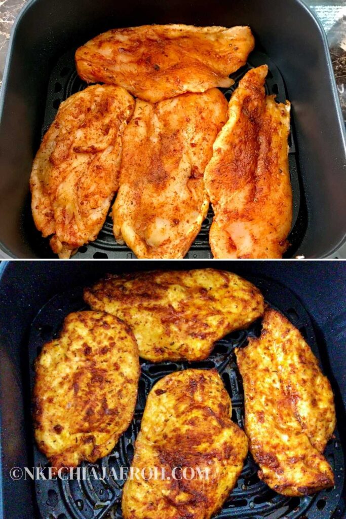 STEP TWO: Air Fry the Chicken Breast. First, set the air fryer to 350 for 12 minutes and preheat. Second, use a tong or your hand and gently place the chicken breast in the preheated air fryer. Flip after 5 minutes and continue cooking for another 5. Use the food thermometer to check if ready. Remove if ready or finish cooking for the next two minutes.