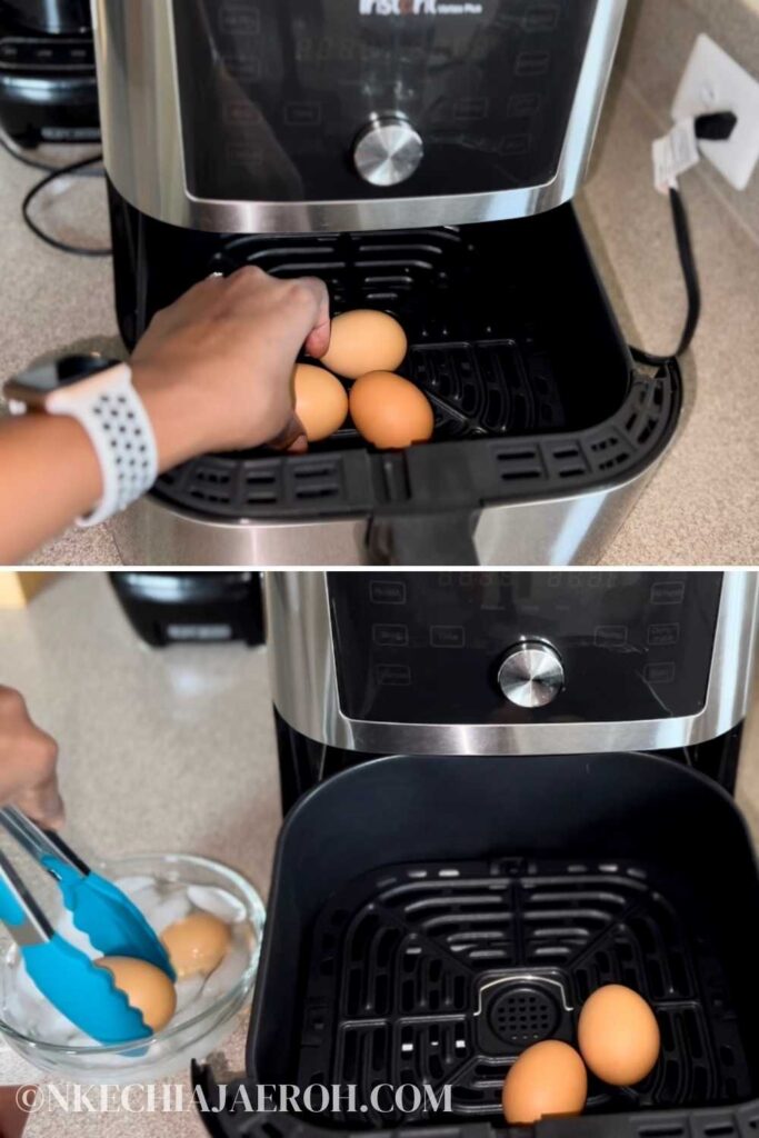 STEP THREE: Prep the Eggs. I boiled the eggs in the air fryer for this spring mix salad because why not? Preheat the air fryer at 290 and cook it for 14 minutes. Quickly removed from the air fryer and place in ice-cold water. Air fryer-boiled eggs are super easy to peel. On the other hand, you can simply boil the eggs on the stovetop. Peel, the eggs and cut them however you wish.