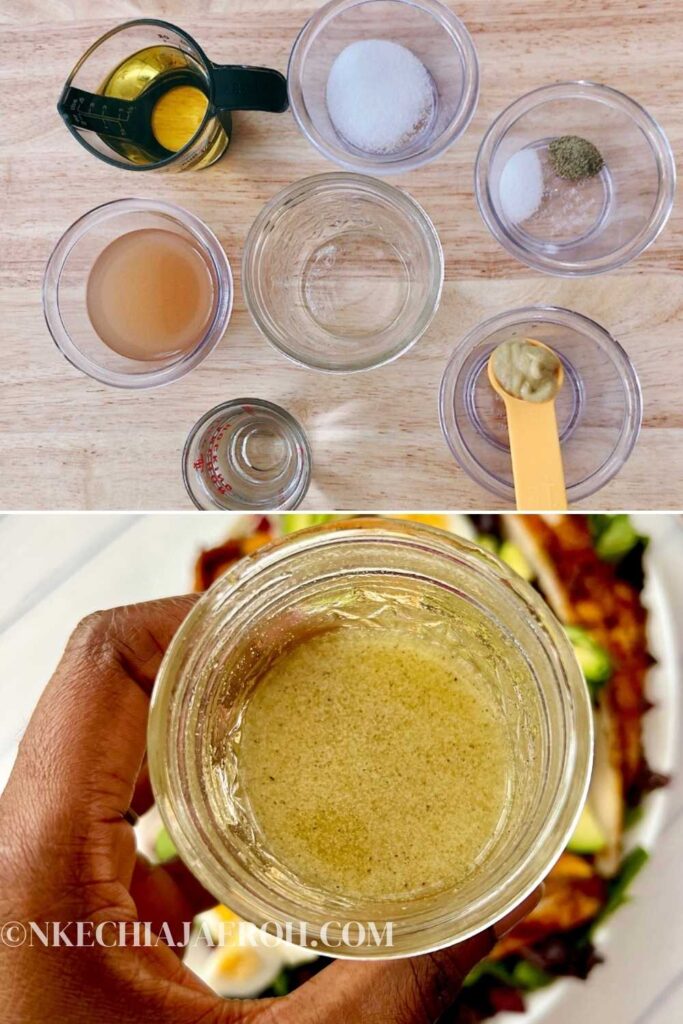 STEP FOUR: Make the Cider Vinaigrette. Simply add the vinaigrette ingredients into a mason jar and shake to combine. (List of ingredients is in the recipe card).