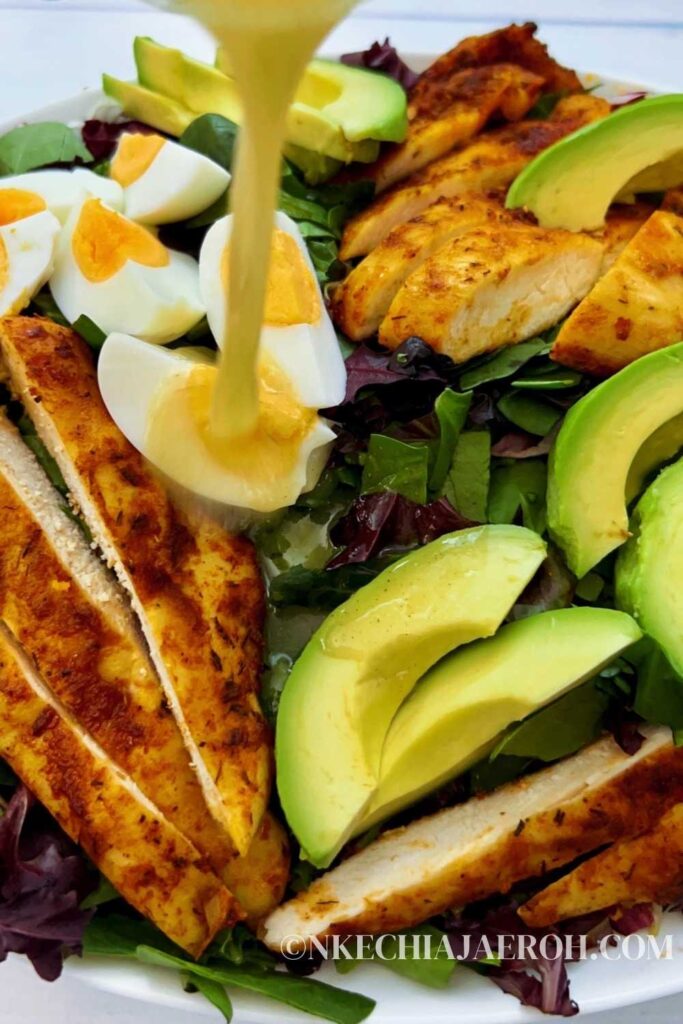 This 4-ingredient spring mix salad with apple cider vinaigrette is fresh, flavorful, and easy to make. You need spring mix salad greens, air fryer chicken breast, air fryer boiled eggs, and avocado. This spring mix salad recipe is a healthy keto/low-carb salad recipe you need in your arsenal. It is also gluten-free, dairy-free, and perfect for meal prep. You can prep all the ingredients individually at the start of the week and then assemble them for an easy weekday lunch or dinner.