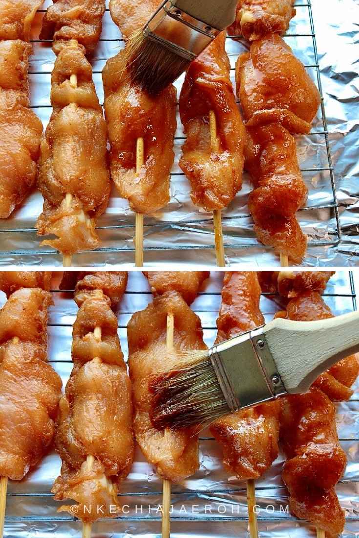 Healthy Chicken breast Suya Recipe on skewers and about to be baked. Process Photo