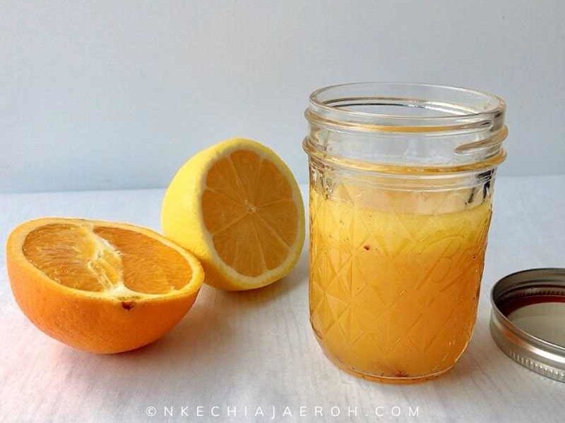 Super simple citrus salad dressing ready for use.