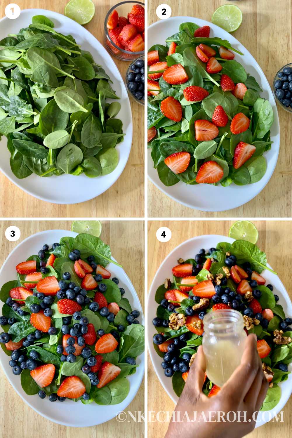 Super healthy and easy-to-make strawberry blueberry spinach salad, aka berry spinach salad with lime olive oil vinaigrette, is loaded with nutritious antioxidants, vitamins, and minerals. Amazingly this spinach and berry salad calls for only a few ingredients - spinach, strawberries, blueberries, walnuts, and a simple lime olive oil vinaigrette! This strawberry blueberry spinach is low-carb, gluten-free, vegan, and easily customizable. #Salad #Spinachsalad #healthysalad #Strawberrysalad #detoxsalad #vegan #lowcarb