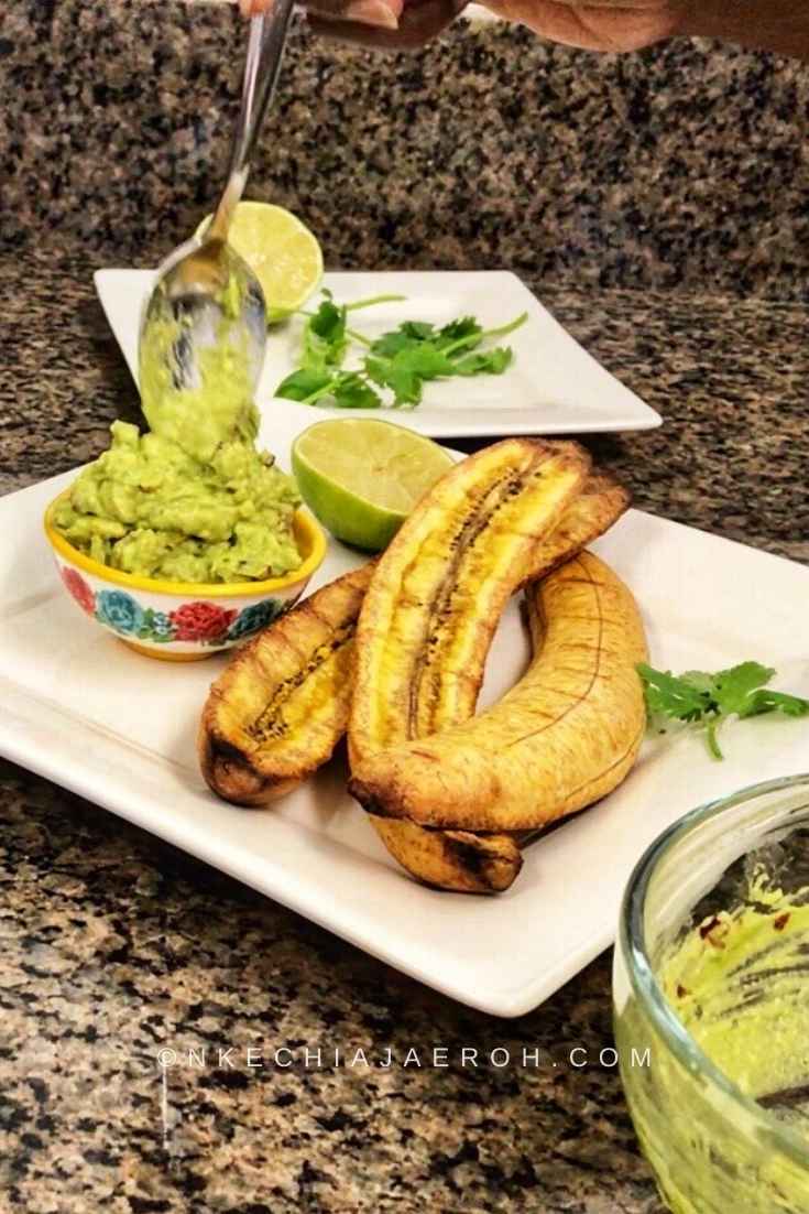 Roasted plantain Nigerian recipe baked without cinnamon, and just a sprinkle of salt, and olive oil. But instead of spicy pepper sauce , this roasted plantain is served with spicy guacamole 