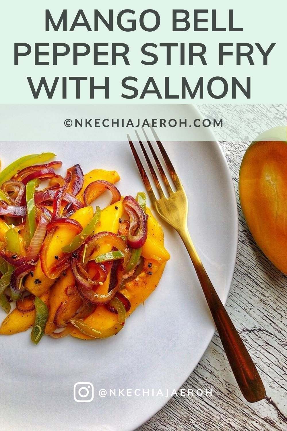 This healthy vegetarian mango bell pepper stir fry with salmon cooks in 20 minutes or less. A tasty mango dish that hit every spot – healthy, easy, juicy, sweet, savory, colorful, flavorful, and insanely delicious! A sure winner on the dinner table! This dish is a must-try! This easy peasy lunch/dinner mango stir fry with salmon will leave your guests impressed! This is a perfect summer recipe! Surely the best mango stir-fry recipe! #salmon #mango #stirfry #peppers #dinner #healthy