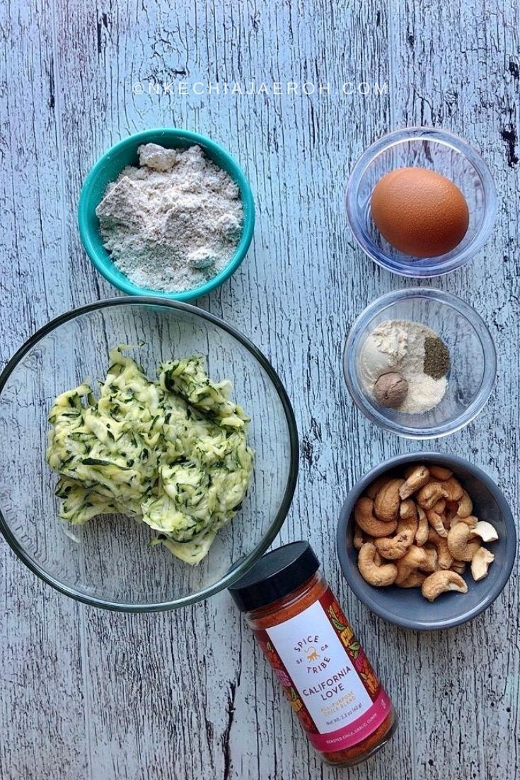 The ingredients for making this vegetable snack is not far fetched - fresh Zucchini, toasted cashew nuts, almond flour, oats flour, an egg, onion and garlic powder and finally the spice tribe all-purpose seasoning Chile Blend 